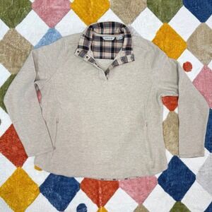 Orvis Womens XL Oatmeal Beige Plaid Trim Snap Neck Pullover Sweater Knit Top